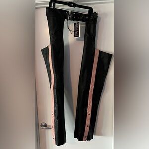 Unik Black Biker Chaps with pink leather accent stripes.
